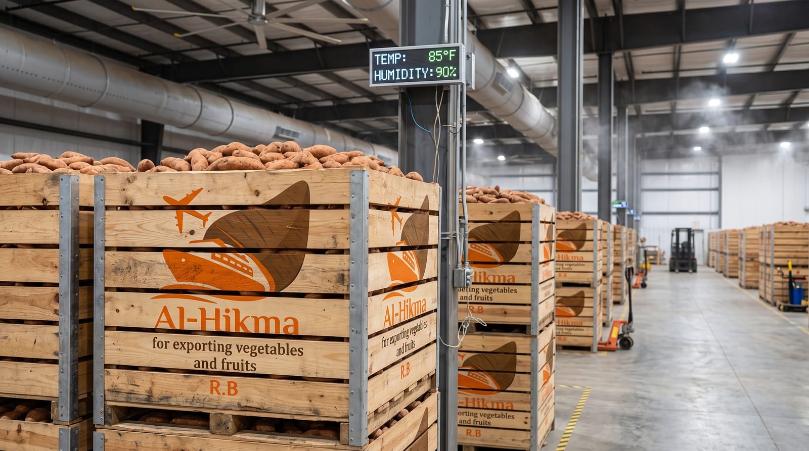 Al-Hikma 600 kg bulk wooden bins filled with sweet potatoes