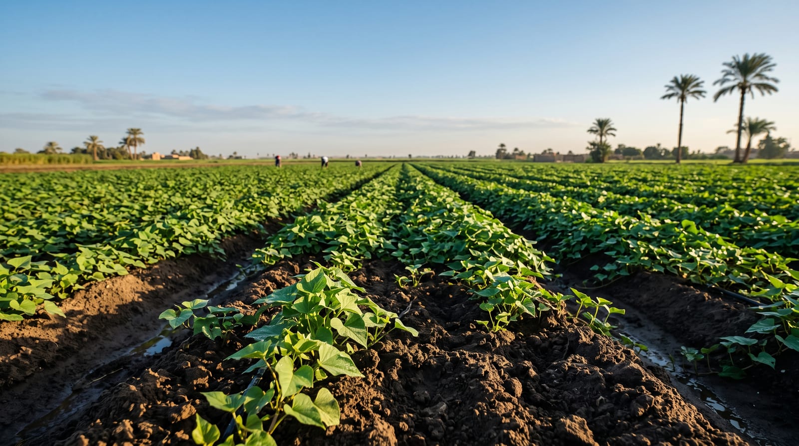 Al-Hikma sweet potato field in Egypt with palm trees and workers in the rows