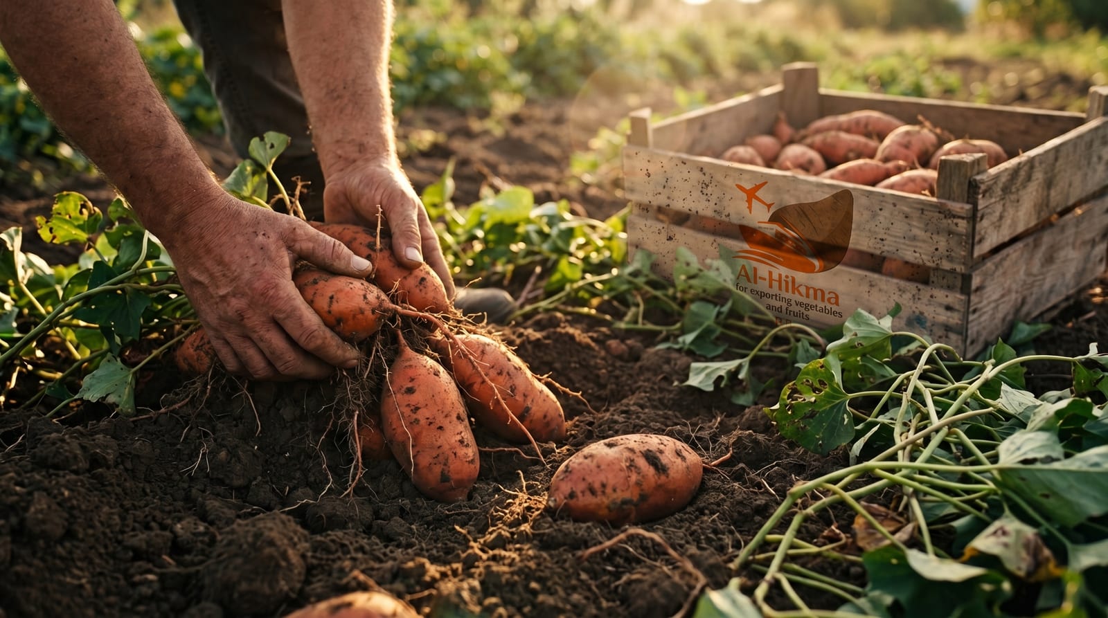 Close-up of hands harvesting sweet potatoes from Egyptian soil into an Al-Hikma crate