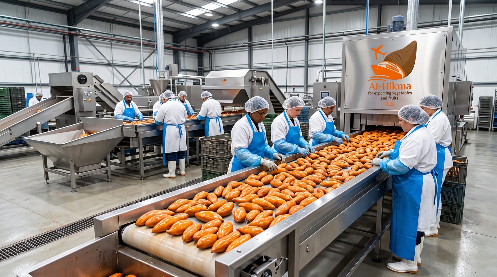 Al-Hikma packhouse line with workers in hygiene gear sorting sweet potatoes